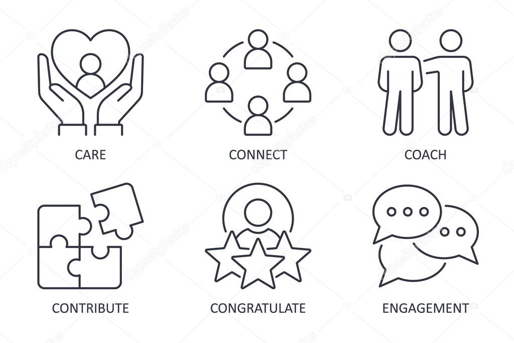 Employee engagement vector icons. The 5 Cs of Employee Engagement. Care connect coach contribute and congratulate. Factors affecting staff productivity, loyalty and creativity. Editable stroke line.