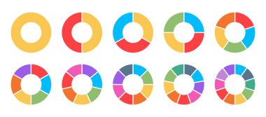 Renkli bilgi setinde vektör donut grafikleri. 1 'den 10 segmente kadar dairesel diyagramlar içerir. Gösterge panelleri, sunumlar, UI tasarımı ve veri görselleştirmesi için harika. Beyaz sırt resmi