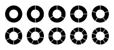 Vektör çörek grafikleri sağlam simgeler içerir. 1 'den 10 segmente kadar düzenlenebilir siyah diyagramlar. Gösterge panelleri, sunumlar ve temiz yapay zeka tasarımı için mükemmel. Beyazın üzerinde basit veri görselleştirme grafikleri