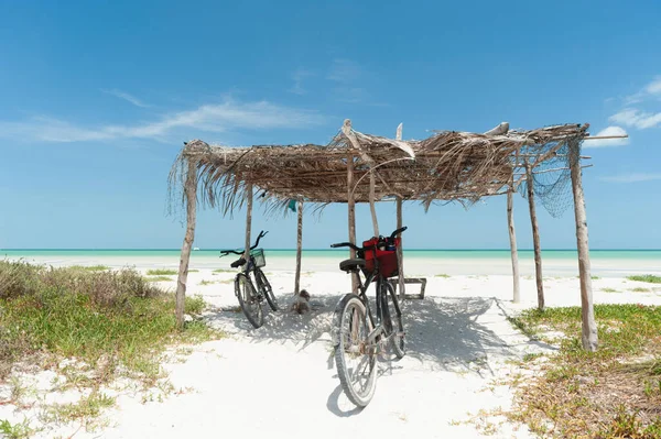 Karayipler Birkaç Metre Uzağındaki Tropikal Bir Sahil Barakasında Turistlerin Bisikletleri — Stok fotoğraf