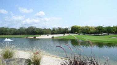 Meksika 'da sakin bir gölü, gür ağaçları ve sallanan kırsal çalıları olan tropikal bir golf sahasının görüntüsü. Golf merkezlerini veya tropik tatilleri desteklemek için ideal.