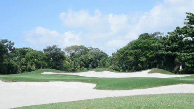 Yüksek çözünürlüklü tropikal Meksika 'daki bir golf sahasının güzelliği kum sığınaklarıyla korunan ve egzotik bitkilerle çevrili bir yeşili gösteriyor. Spor temalı projeler ya da seyahat promosyonları için mükemmel.