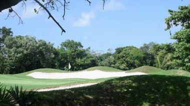 Tropik bölgelerdeki yeşil bir golf sahasının HD görüntüsü. Kum sığınaklarıyla korunuyor ve Meksika yağmur ormanlarıyla çevrili. Tropiklerdeki en büyük golf sahası.