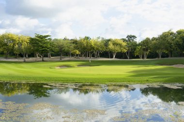 Meksika 'da mavi gökyüzüne karşı göllü ve tropikal bitki örtülü bir golf sahasındaki yeşilliğin genel görünümü