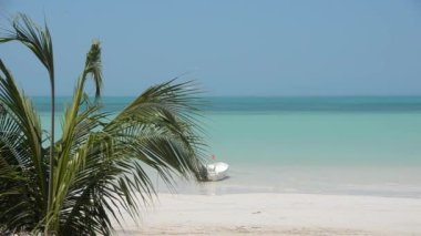 Beyaz kumlu tropik bir plajın HD videosu, mavi denizde demirli bir tekne, rüzgarla hareket eden palmiye yaprakları, Holbox Mexico adası.