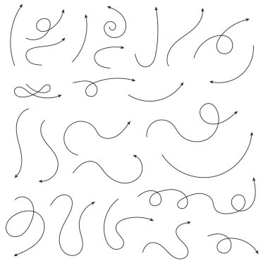 Çizgi okları koleksiyonu. Basit kavisli çizilmiş okları ayarlayın. İşaretçi koleksiyonu.