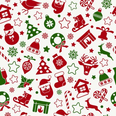 Noel ve Noel oyuncakları ve hediyelerle dolu kusursuz yeni yıl şablonu. Moda modası. Vektör tasarım şablonu.