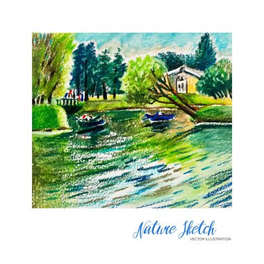 Sketch graphic, landscape, colored pencils. Vector illustration Summer nature illustration