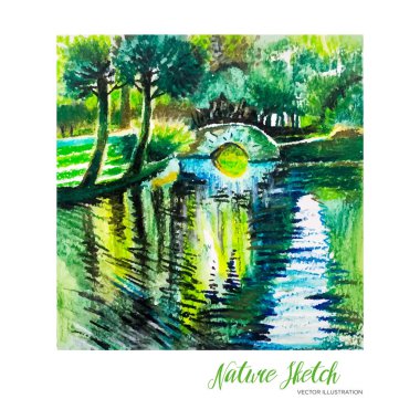 Sketch graphic, landscape, colored pencils. Vector illustration Summer nature illustration