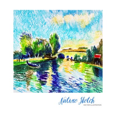 Sketch graphic, landscape, colored pencils. Vector illustration Summer nature illustration