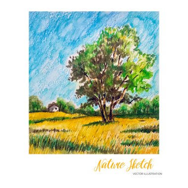 Sketch graphic, landscape, colored pencils. Vector illustration. Summer nature illustration Art background