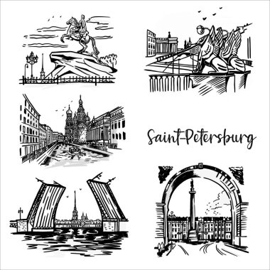 St. Petersburg Rusya 'nın bir dizi görüşü. Grafik çizimler. Siyah beyaz mimari