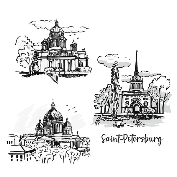 サンクトペテルブルクロシアの景色のセット グラフィックスケッチ 白黒建築物 — ストックベクタ