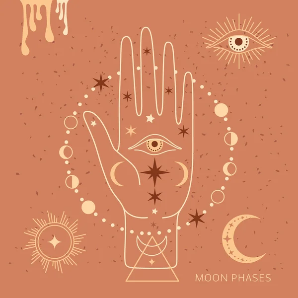 Mystical Moon Phases Woman Hand Alchemy Esoteric Magic Space Sacred — Stock Vector