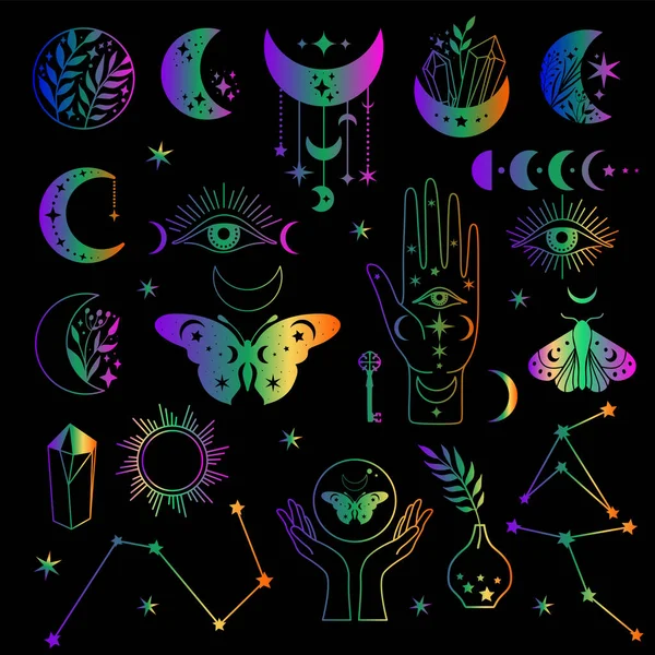 Mystical Moon Phases Woman Hands Moth Alchemy Esoteric Magic Space — Stock Vector