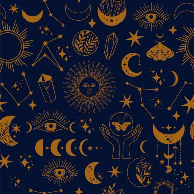 Mavi arka planda kusursuz uzay deseni. Ay, güneş, yusufçuklar, yıldızlar, astroloji için duvar kağıtları, tarot, ezoterikizm.