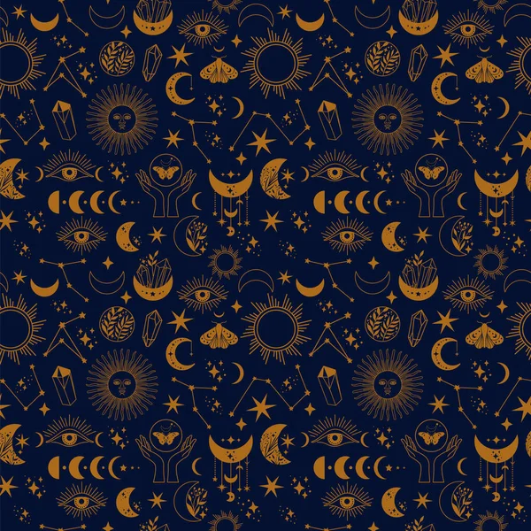 Naadloos Ruimtepatroon Een Blauwe Achtergrond Boho Illustratie Met Maan Zon Stockvector