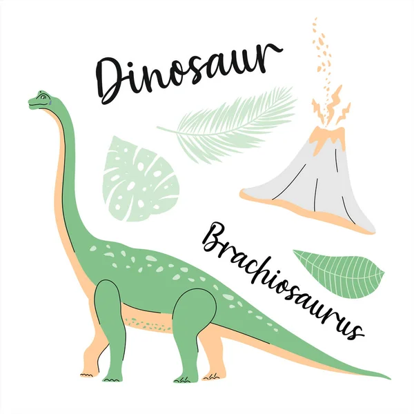 可爱的恐龙被画成蓝色的载体 适合孩子们的时尚 棕榈和火山 — 图库矢量图片
