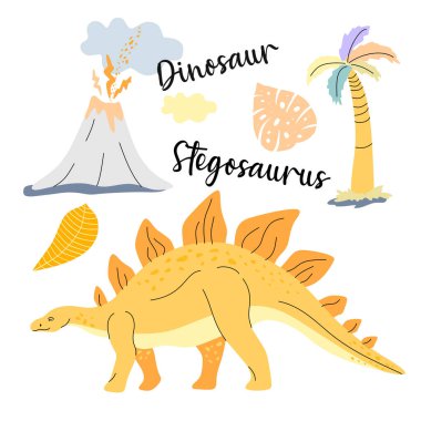 Çocuk modası için mavi üzerine çizilmiş şirin dinozor. Avuç içi ve volkan.