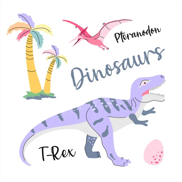 Симпатичный Динозавр Нарисован Вектор Голубом Детей Моды Пальма Вулкан — стоковый вектор