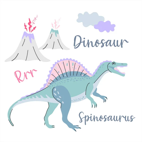 子供のファッションのための青いベクトルとして描かれたかわいい恐竜 パームと火山 — ストックベクタ