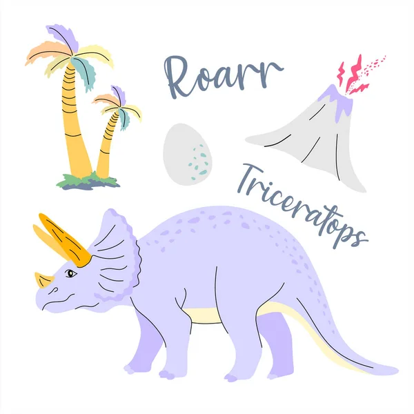 可爱的恐龙被画成蓝色的载体 适合孩子们的时尚 棕榈和火山 — 图库矢量图片