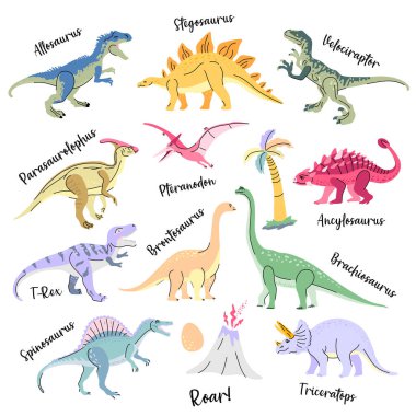 T-rex, Brontosaurus, Triceratops, Velociraptor, Pteranodon, Allosaurus, vb.