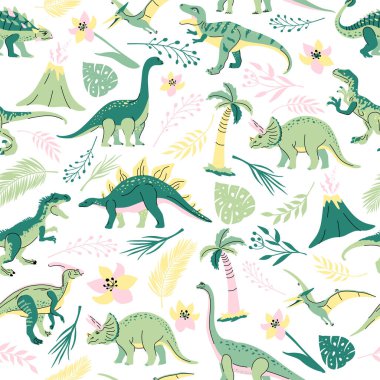 T-rex, Brontosaurus, Triceratops, Velociraptor, Pteranodon, Allosaurus, vb.