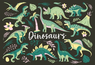 T-rex, Brontosaurus, Triceratops, Velociraptor, Pteranodon, Allosaurus, vb.