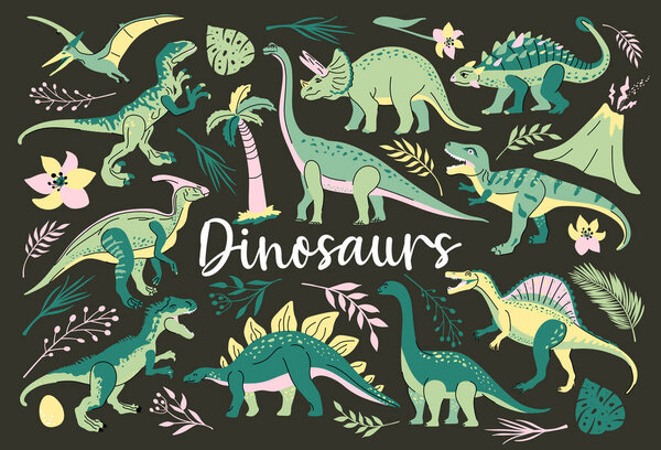 Set of dinosaurs including T-rex, Brontosaurus, Triceratops, Velociraptor, Pteranodon, Allosaurus, etc Isolated on white