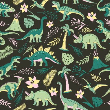 T-rex, Brontosaurus, Triceratops, Velociraptor, Pteranodon, Allosaurus, vb.