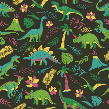 T-rex, Brontosaurus, Triceratops, Velociraptor, Pteranodon, Allosaurus, vb.