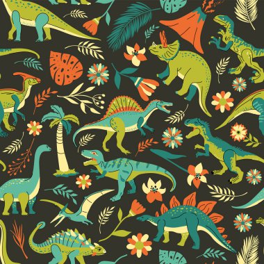 T-rex, Brontosaurus, Triceratops, Velociraptor, Pteranodon, Allosaurus, vb.