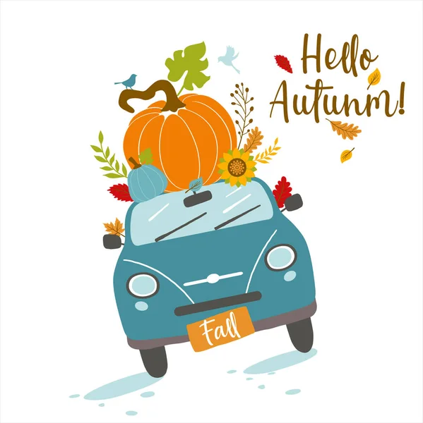 Vector Herbst Grußkarte Mit Auto Und Kürbis Fallenden Blättern Und — Stockvektor
