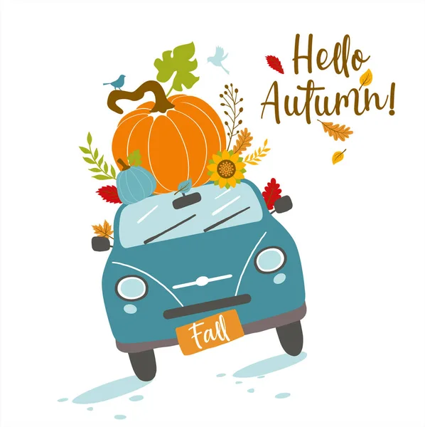 Vector Herbst Grußkarte Mit Auto Und Kürbis Fallenden Blättern Und — Stockvektor