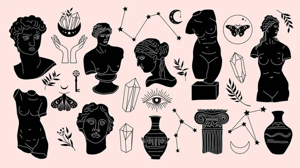 Conjunto Místico Escultura Antiga Grega Ilustrações Desenhadas Mão — Vetor de Stock