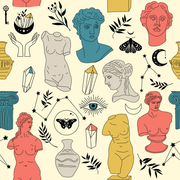 Conjunto Místico Escultura Antiga Grega Ilustrações Desenhadas Mão — Vetor de Stock