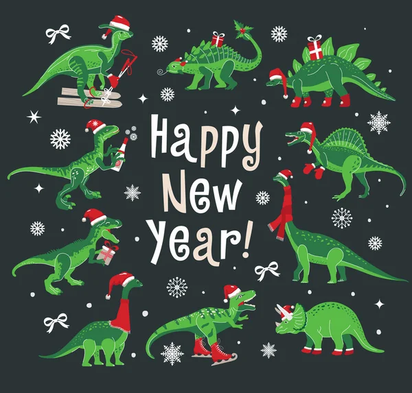 Dino Christmas Party Hyvää Uutta Vuotta Dinosaurus Santa Hattu Koristaa — vektorikuva