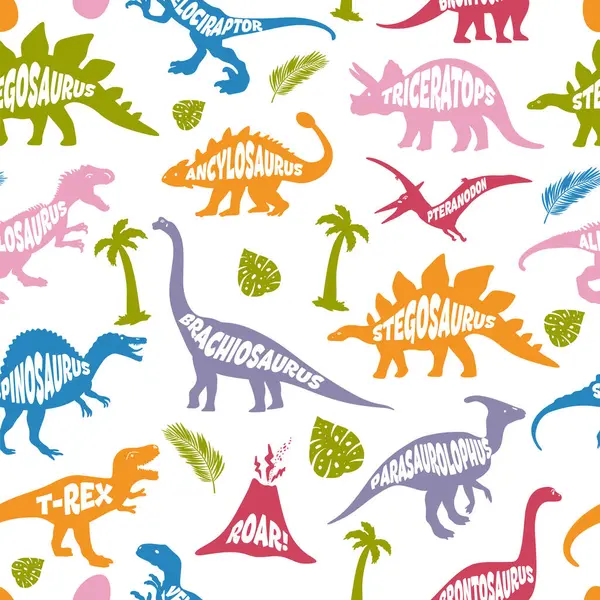 Patrón Sin Costuras Dinosaurios Dinosaurios Vectores Dibujados Mano Con Vista Ilustración de stock