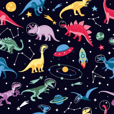 Astronot dinozor karakter tasarımı. Güzel, uzayda kusursuz bir desen. Dinozor, uzay gemisi, roket vektör izi.