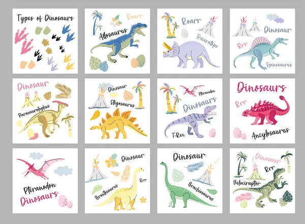 Saurier Nahtlose Muster Handgezeichnete Vektor Dinosaurier Mit Hintergrundansicht Karte Vektorgrafiken
