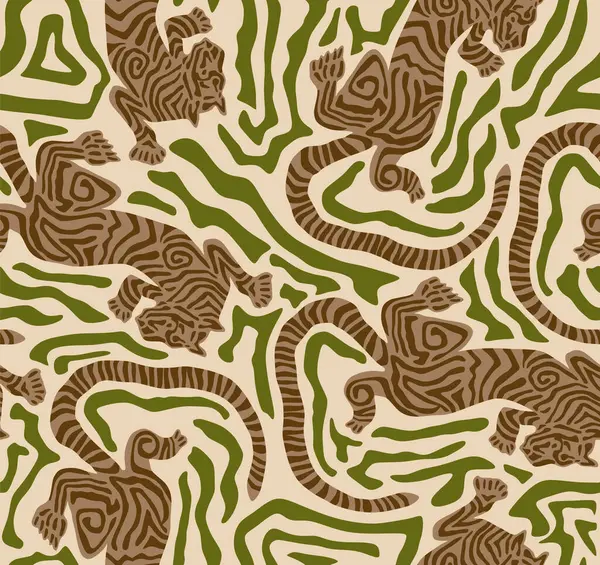 Tiger Art Nahtlose Muster Wallpaper Illustration Vektor Safari Wildlife Tiger Stockvektor