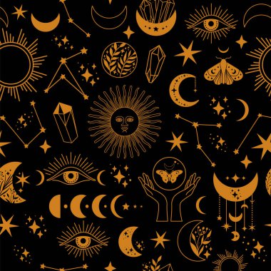 Aylı, güneşli, yusufçuklu, yıldızlı, astroloji için duvar kağıtlı, tarotlu, ezoterikçilikli kusursuz uzay deseni..