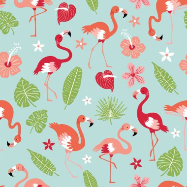 Pembe flamingolu desen. Pembe flamingo düz stil. Tekstil, ambalaj kağıdı, arkaplan için pürüzsüz desen.