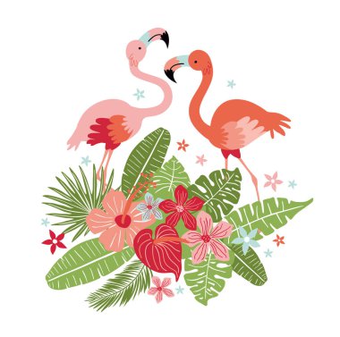 Pembe flamingolu çerçeve ve tropikal bitkiler, afişler, kartlar, davetiye kartları, satışlar için şablon
