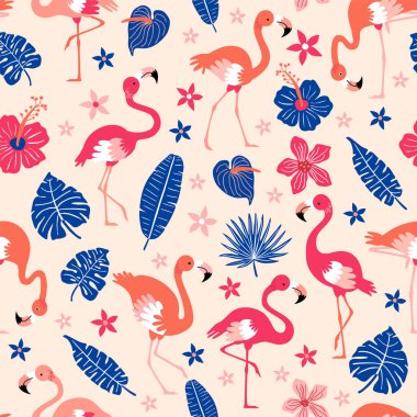 Pembe flamingolu desen. Pembe flamingo düz stil. Tekstil, ambalaj kağıdı, arkaplan için pürüzsüz desen.