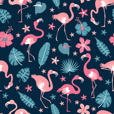 Pembe flamingolu desen. Pembe flamingo düz stil. Tekstil, ambalaj kağıdı, arkaplan için pürüzsüz desen.