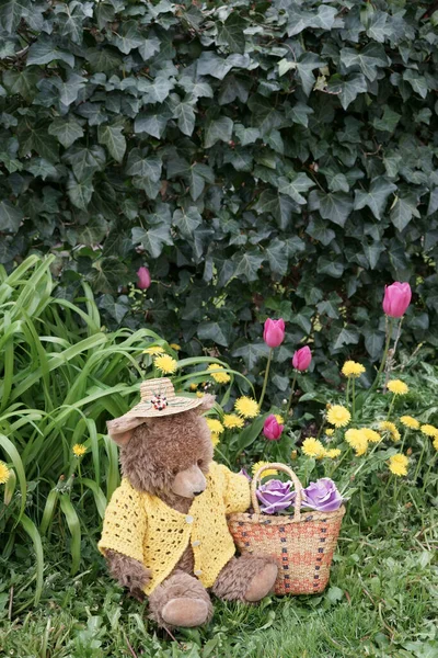 Ours Peluche Assis Dans Jardin Avec Chapeau Paille Cardigan Jaune — Photo