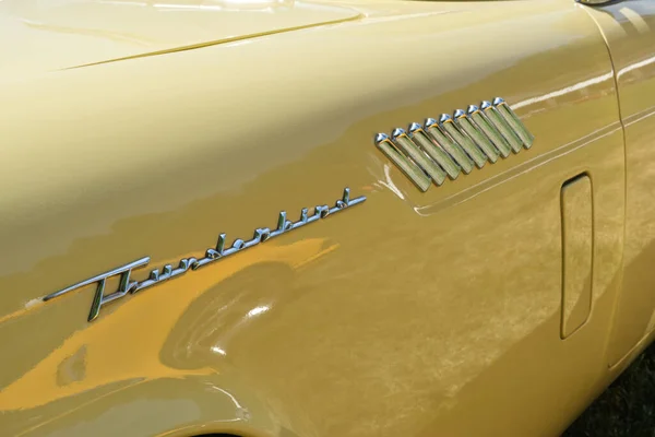 Vücut pervazı ve 1957 model sarı bir Ford Thunderbird otomobilinin logosu. At gücü 245. Açık hava..