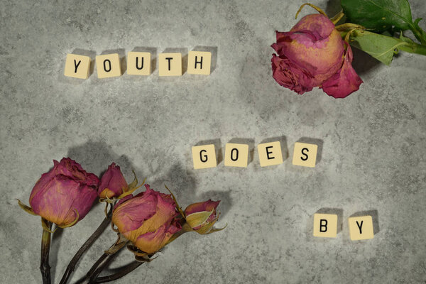 Game tiles with the message "Youth goes by". Faded roses on a stone marble background. Tabletop view.